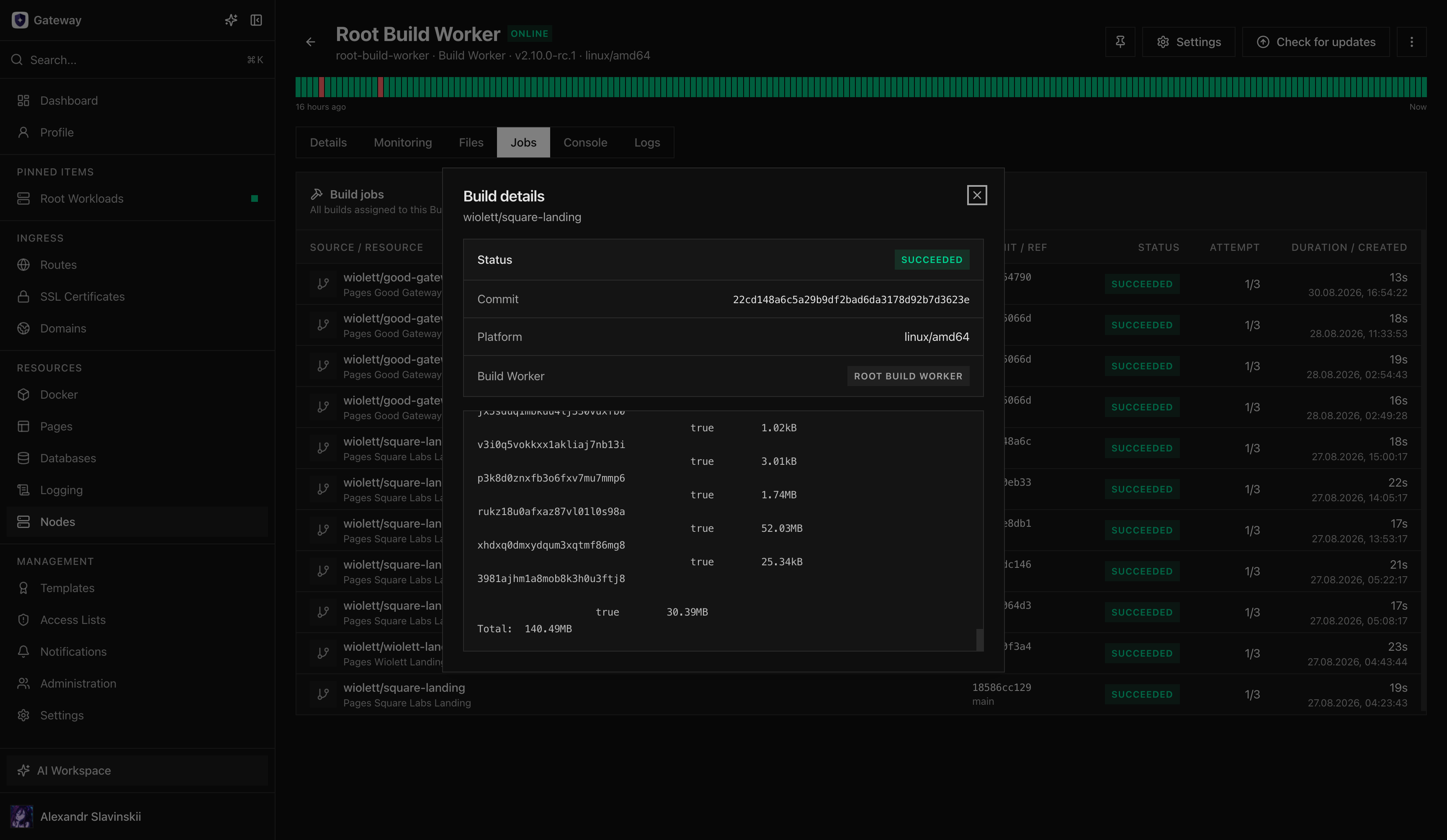 Completed Git build with commit, platform, Build Worker, and artifact output