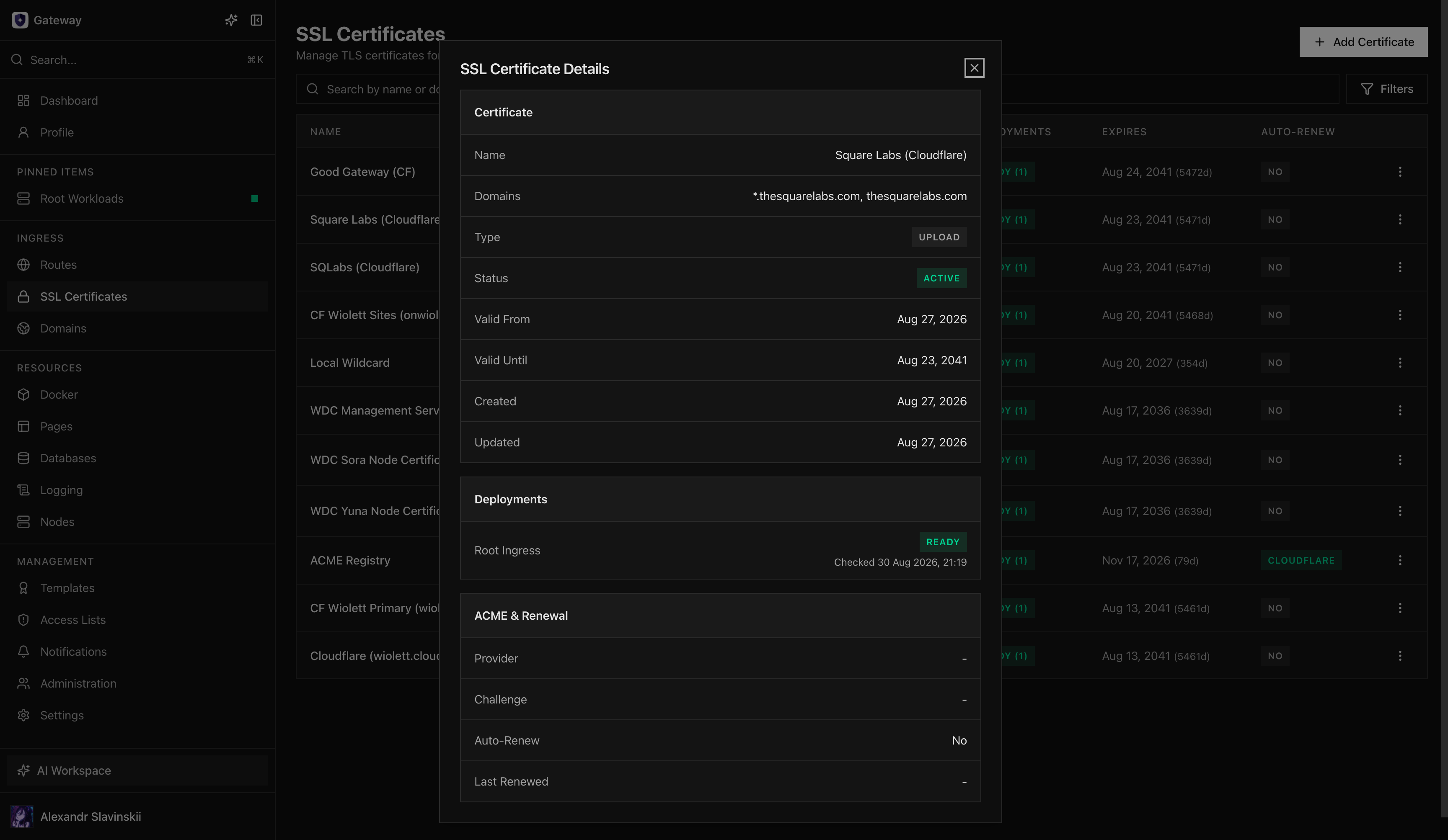 Certificate details with deployment status, validity, and renewal information
