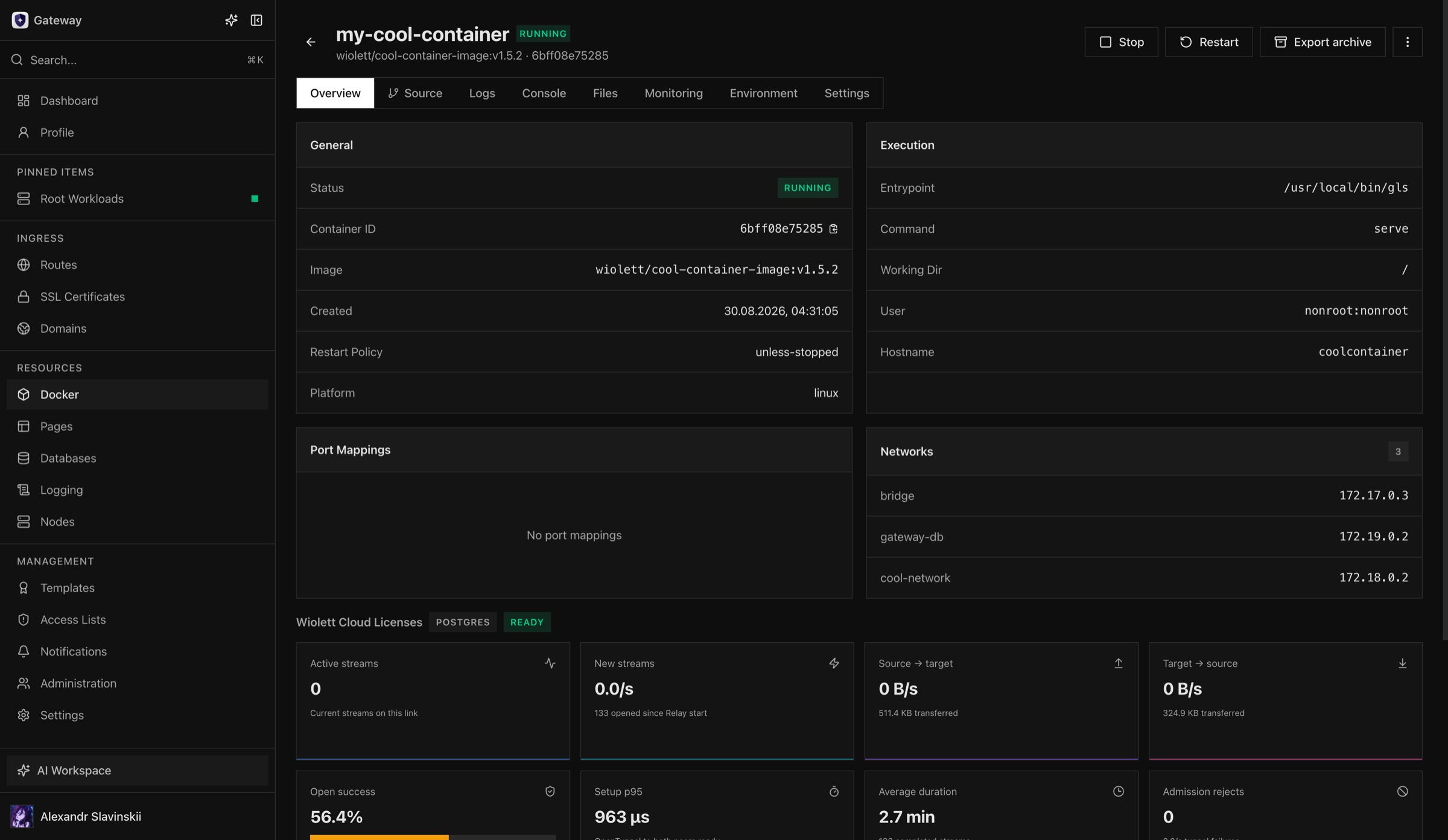 Container Overview with runtime details and Secure Link telemetry