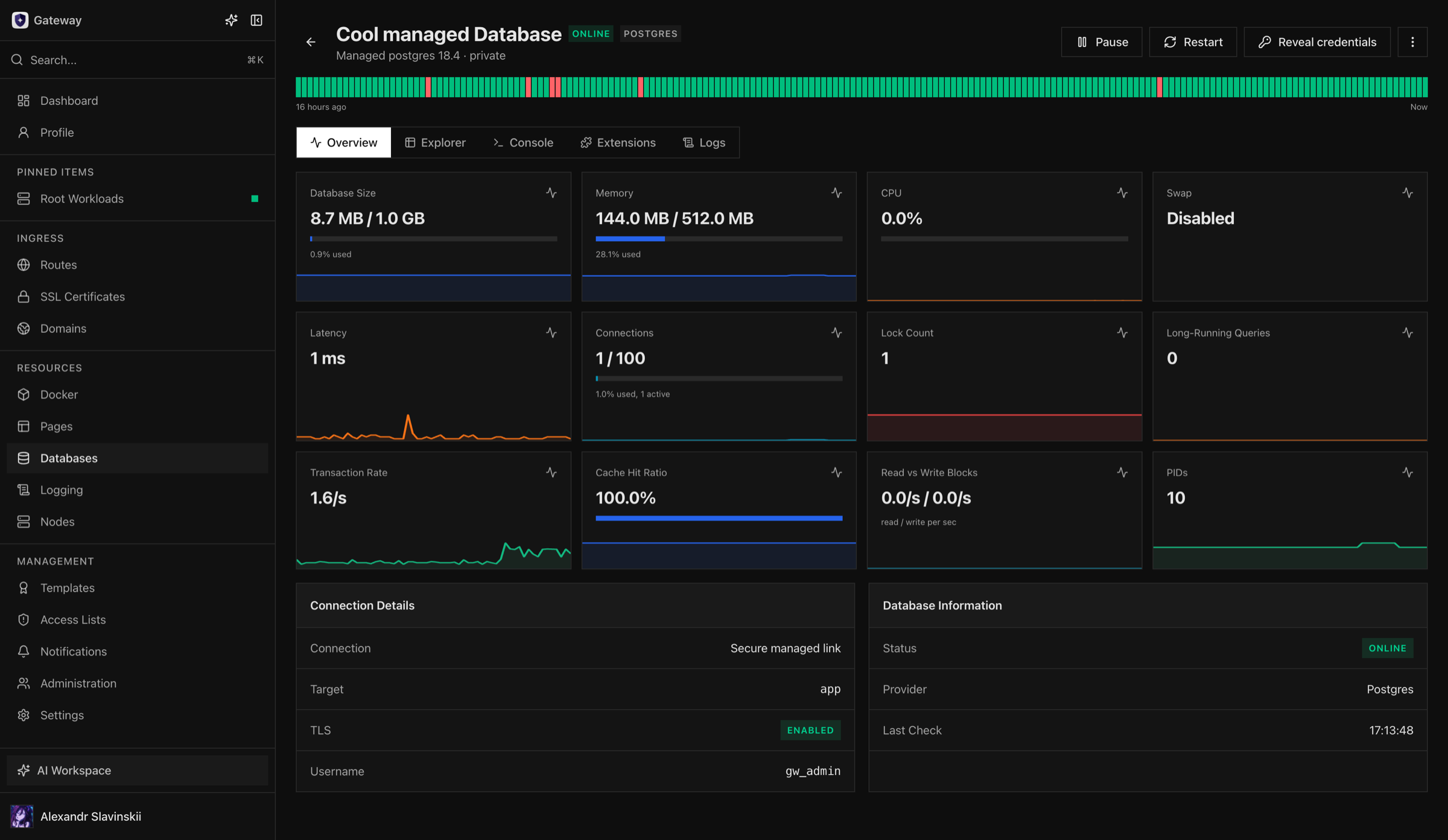 Managed PostgreSQL overview with health and performance metrics