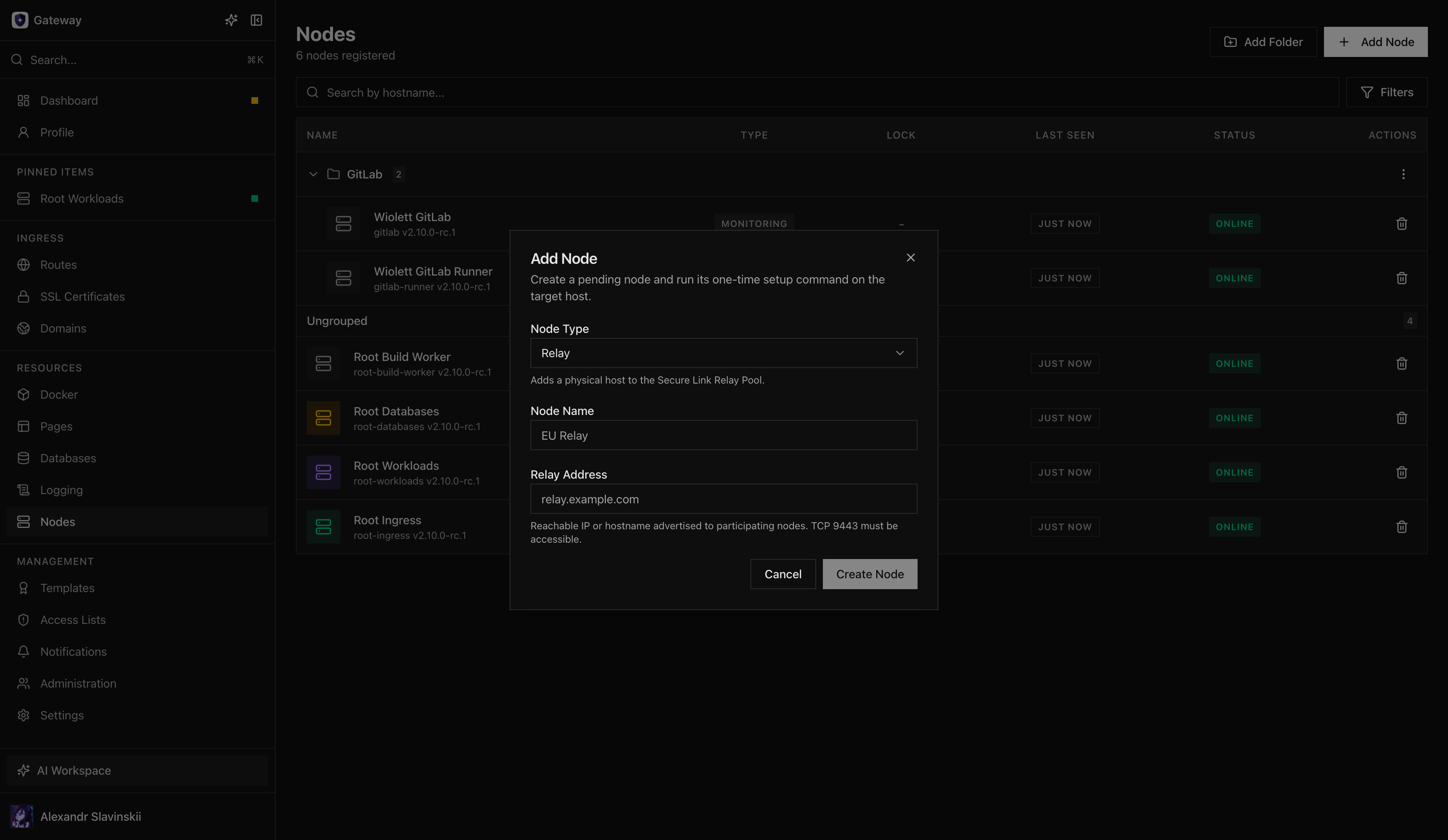 Add Node dialog with the Relay role selected and its advertised address configured