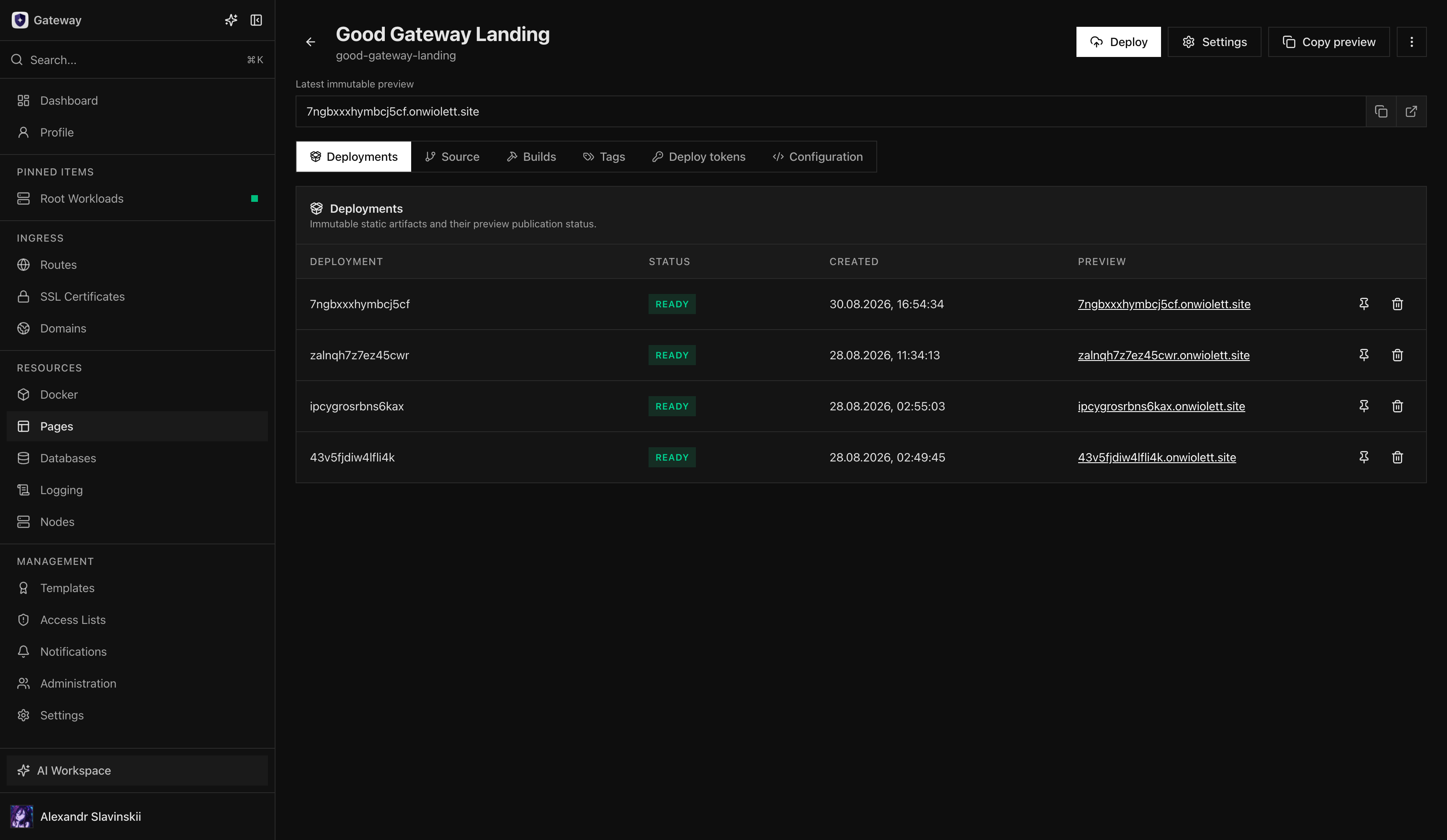 Pages deployments with immutable preview addresses and readiness state