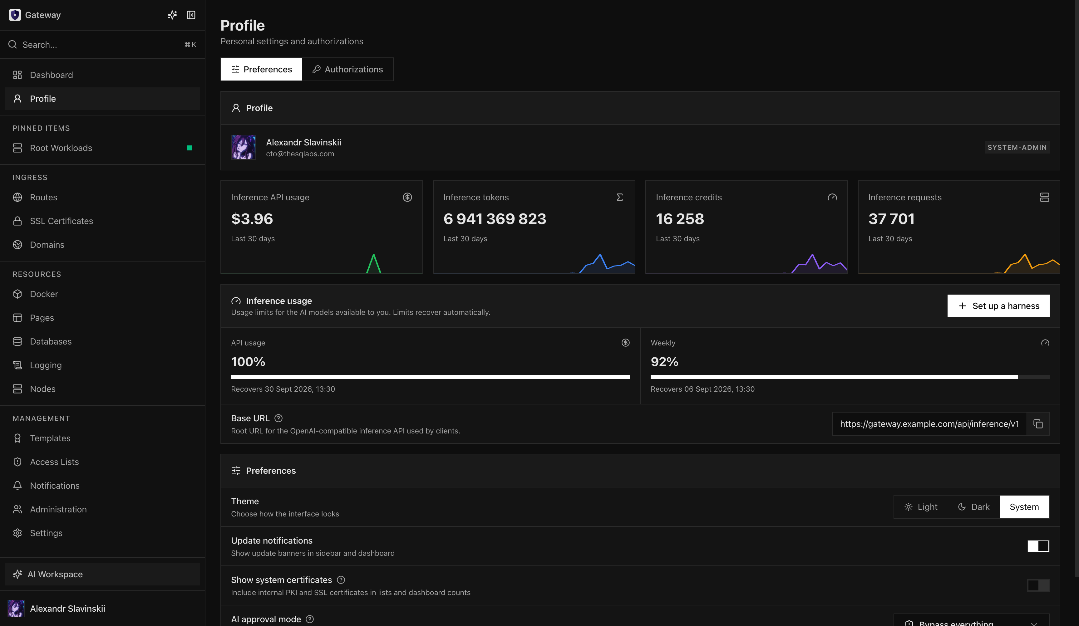 Профиль с использованием Inference, лимитами и базовым URL для клиентов